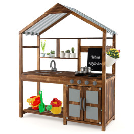 Kid's Mud Kitchen Outdoor Solid Wood Mud Kitchen with Canopy