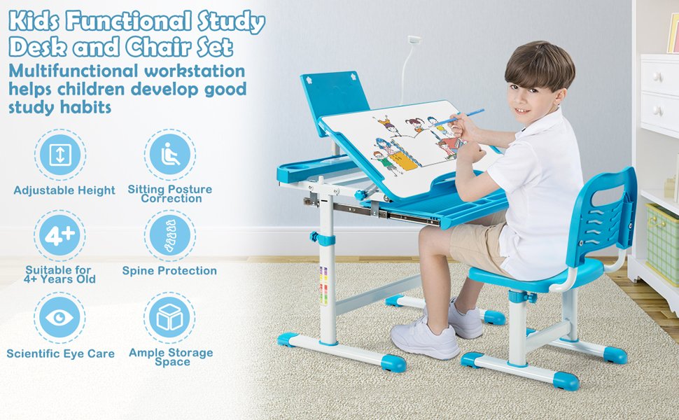 Height Adjustable Kids Study Table and Chair Set with Bookstand
