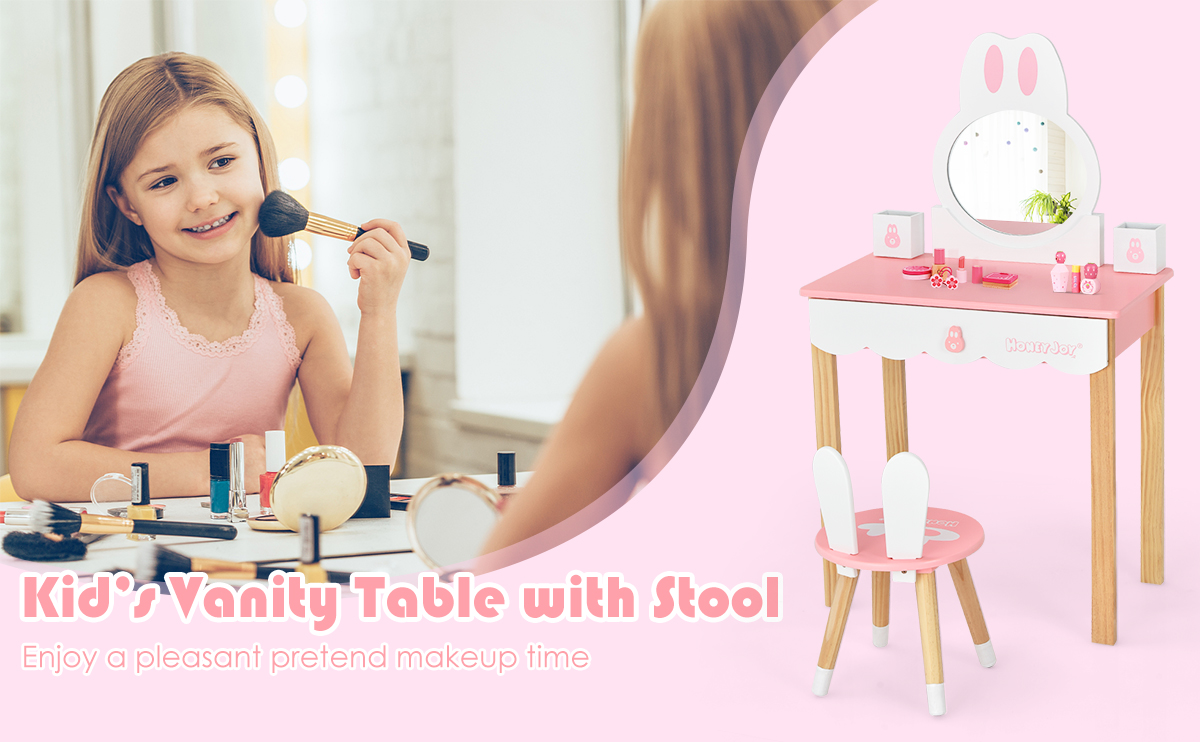 Kids Vanity Set Rabbit Makeup Dressing Table Chair Set with Mirror and Drawer