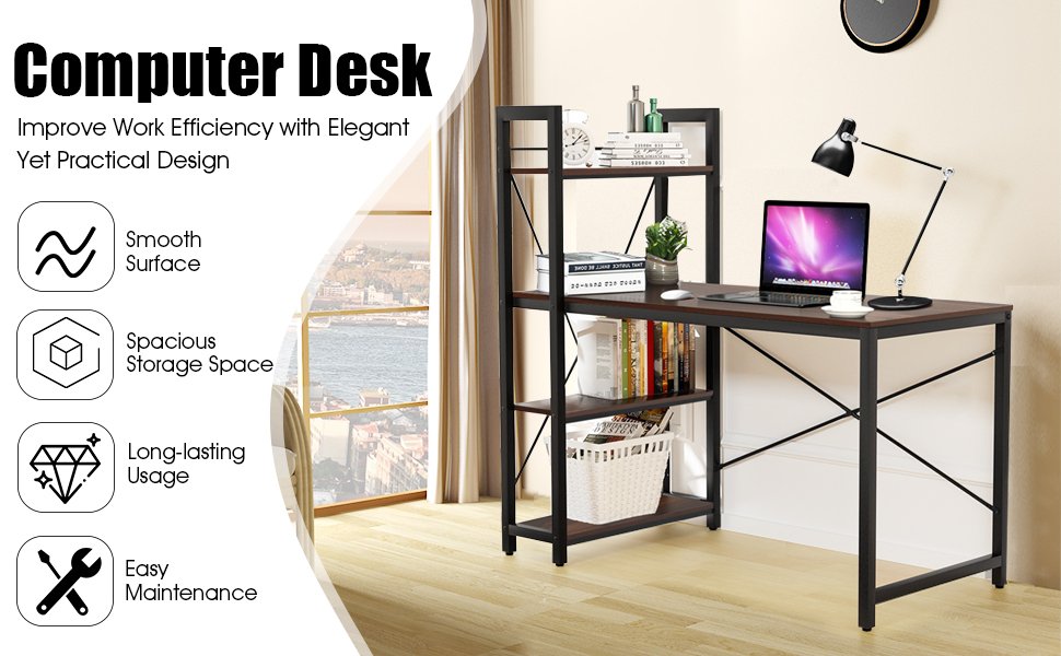 Costway 47.5 Computer Desk Writing Desk Study Table Workstation With  4-Tier Shelves Brown