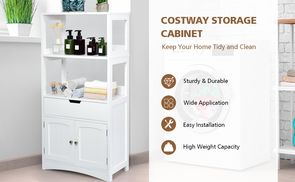 Costway White Floor Storage Cabinet Bathroom Organizer Cupboard Drawer Shelf  Bath Towel 