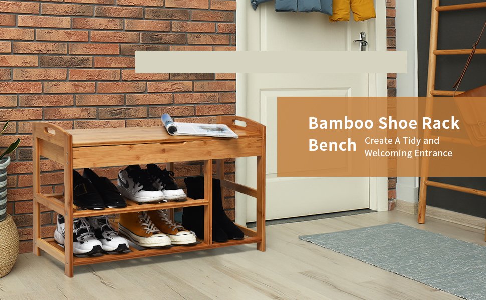 Bamboo Shoe Rack Bench with Rattan Door for Entryway Modern Shoe Storage  Cabinet