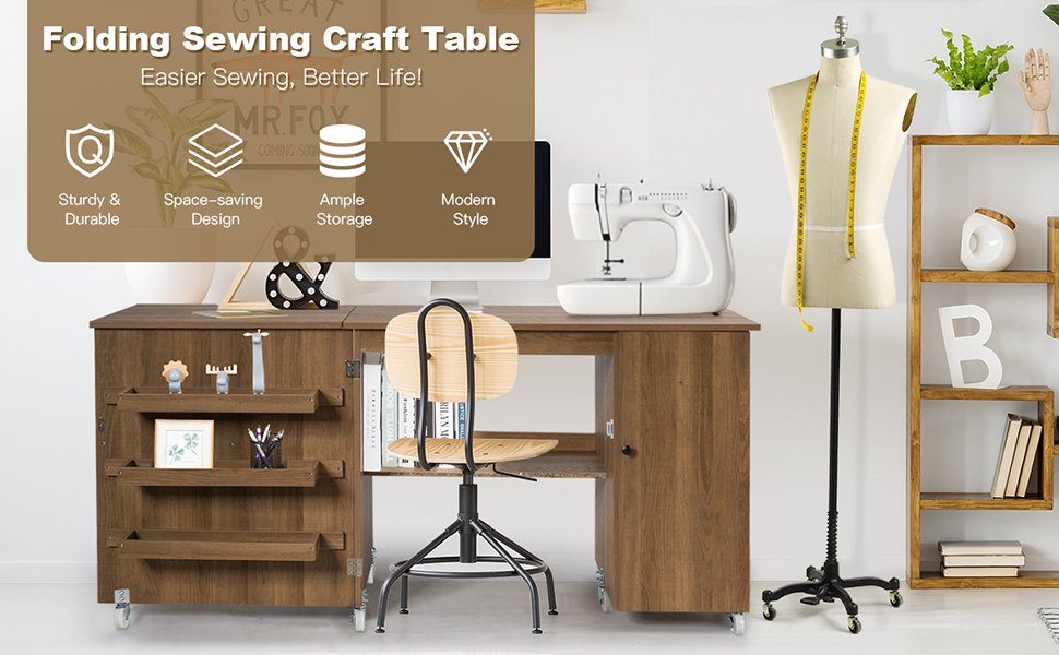 Dropship Modern Wood Folding Sewing Table With Lockable Casters, Expanded  Rolling Craft Cabinet For Dorm Bedroom, Artwork Craft Station W/ 3 Storage  Shelves, White XH to Sell Online at a Lower Price