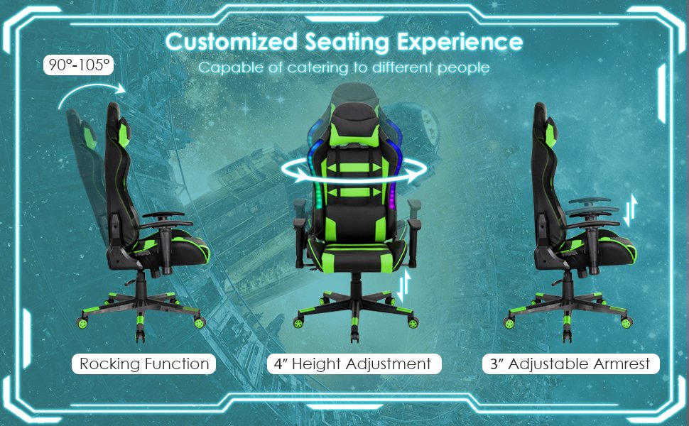 Adjustable Swivel Gaming Chair with LED Lights and Remote-Red - Color: Red