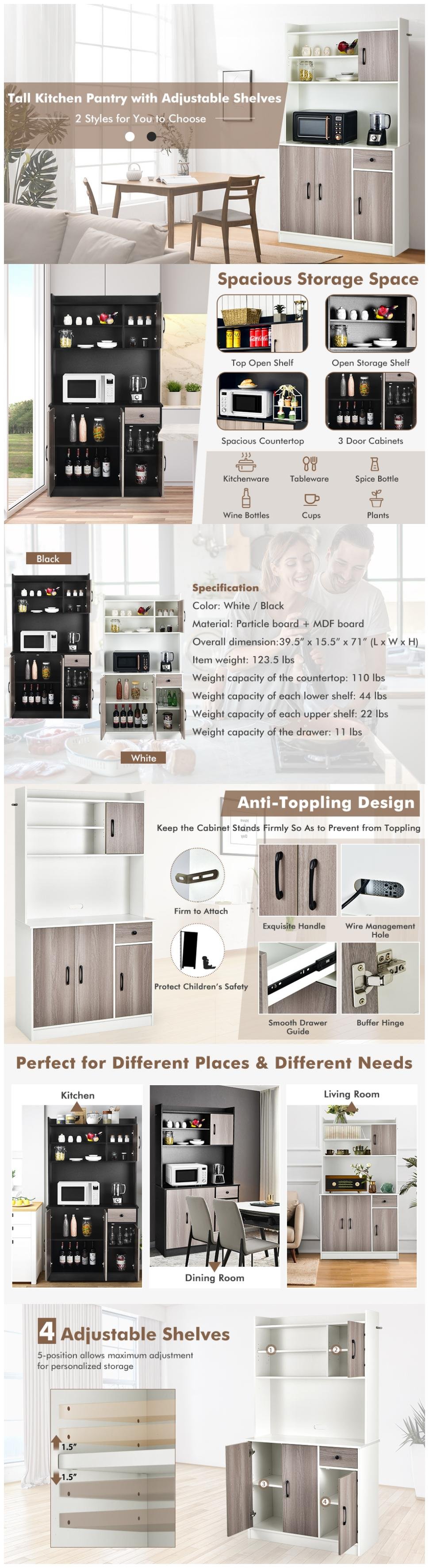 4-Door 71 Inch Kitchen Buffet Pantry Storage Cabinet with Hutch Adjustable Shelf