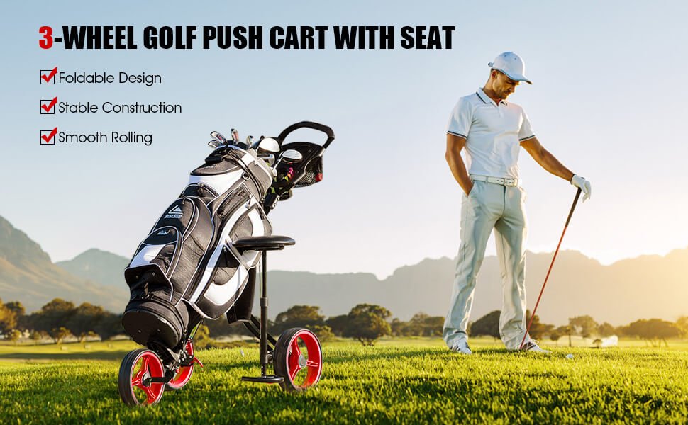 3 Wheel Folding Push Pull Golf Trolley with Scoreboard Bag - Costway