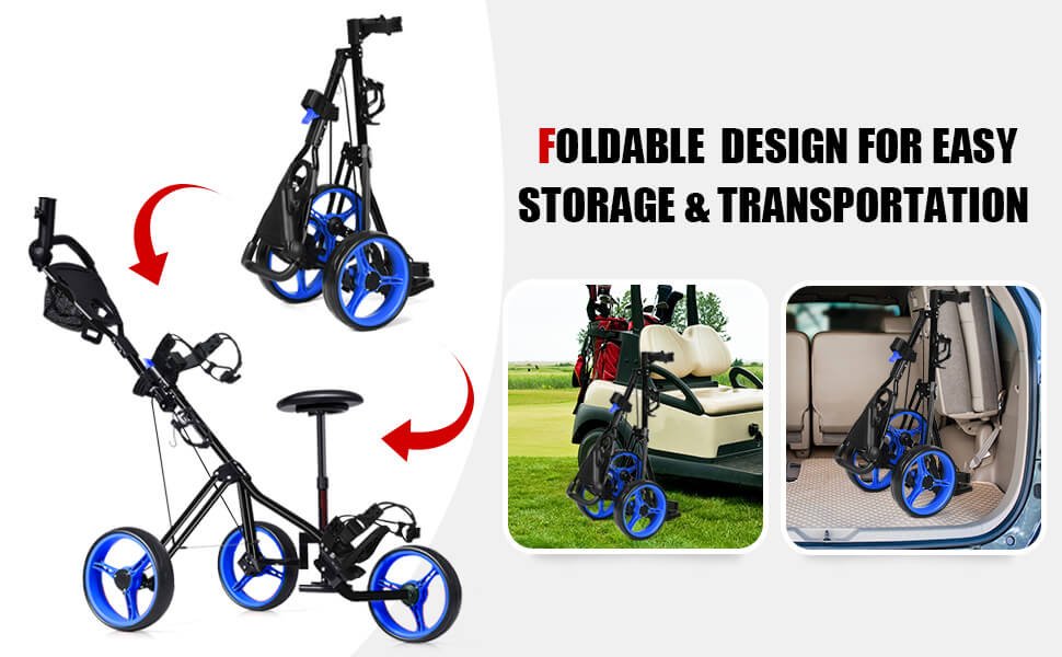 Costway Foldable 3 Wheel Push Pull Golf Club Cart Trolley w/Seat Scoreboard  Bag Swivel
