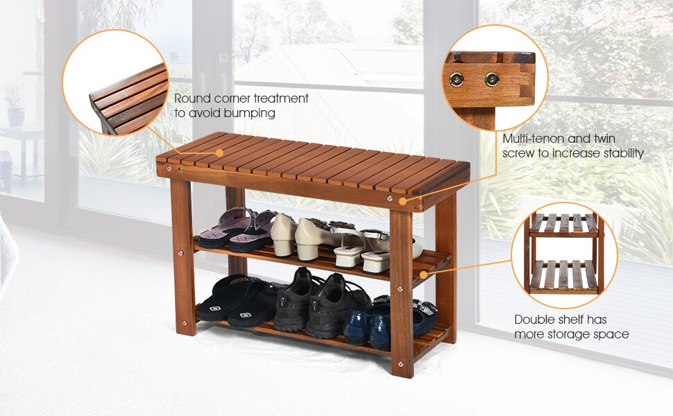 HomCom 3-tier Acacia Wood Shoe Rack Bench for Boots Entryway Shoe Storage  Organizerwith Boots Storage-Teak