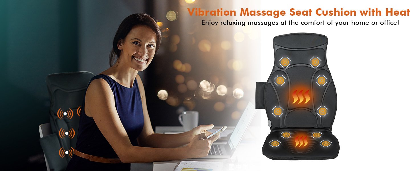 Massage Seat Cushion Back Massager w/ Heat & 6 Vibration Motors for Home - Black