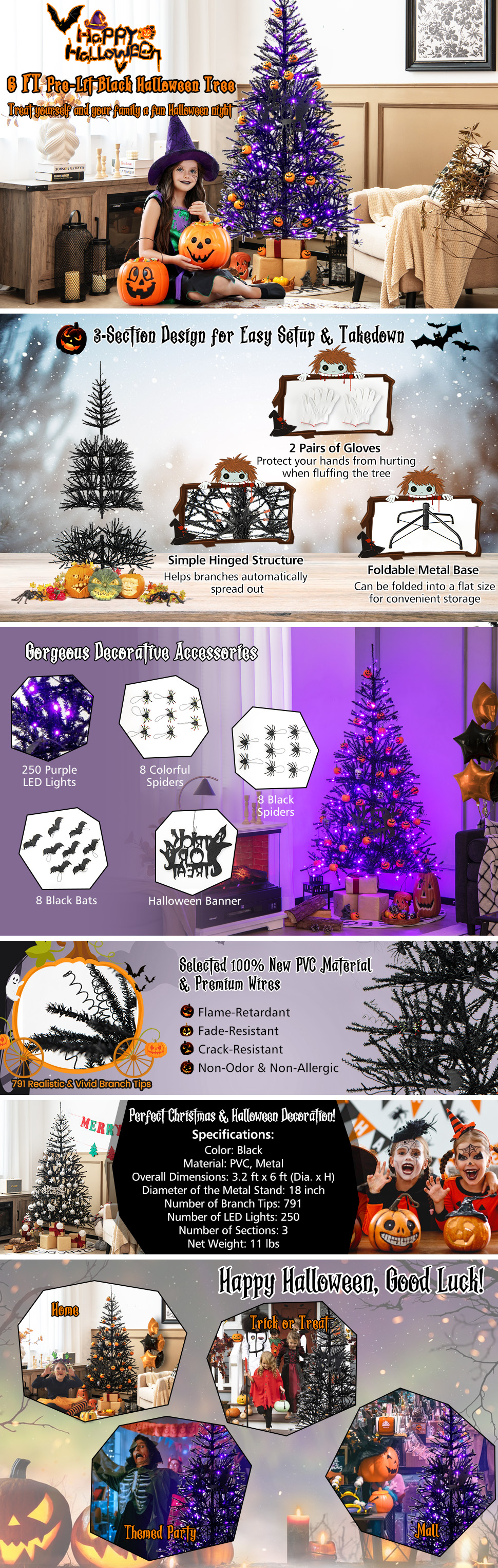 6ft Pre-lit Purple Halloween Christmas Tree W/ Orange Lights