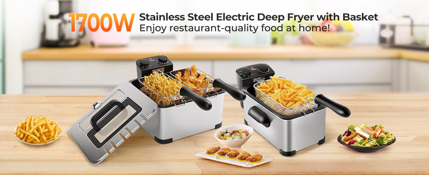 Electric Deep Fryer Countertop Deep Fryer with Basket and Lid , Stainless  Steel