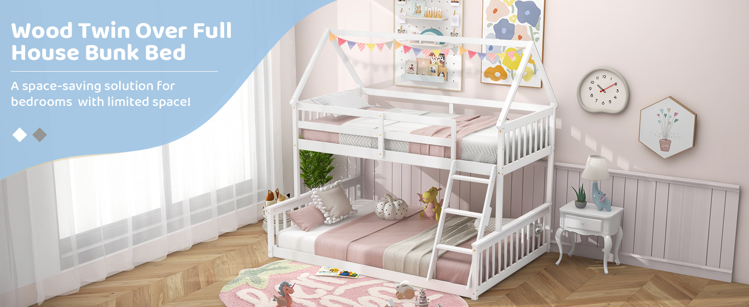 Twin Over Full House Bunk Bed with Ladder and Guardrails