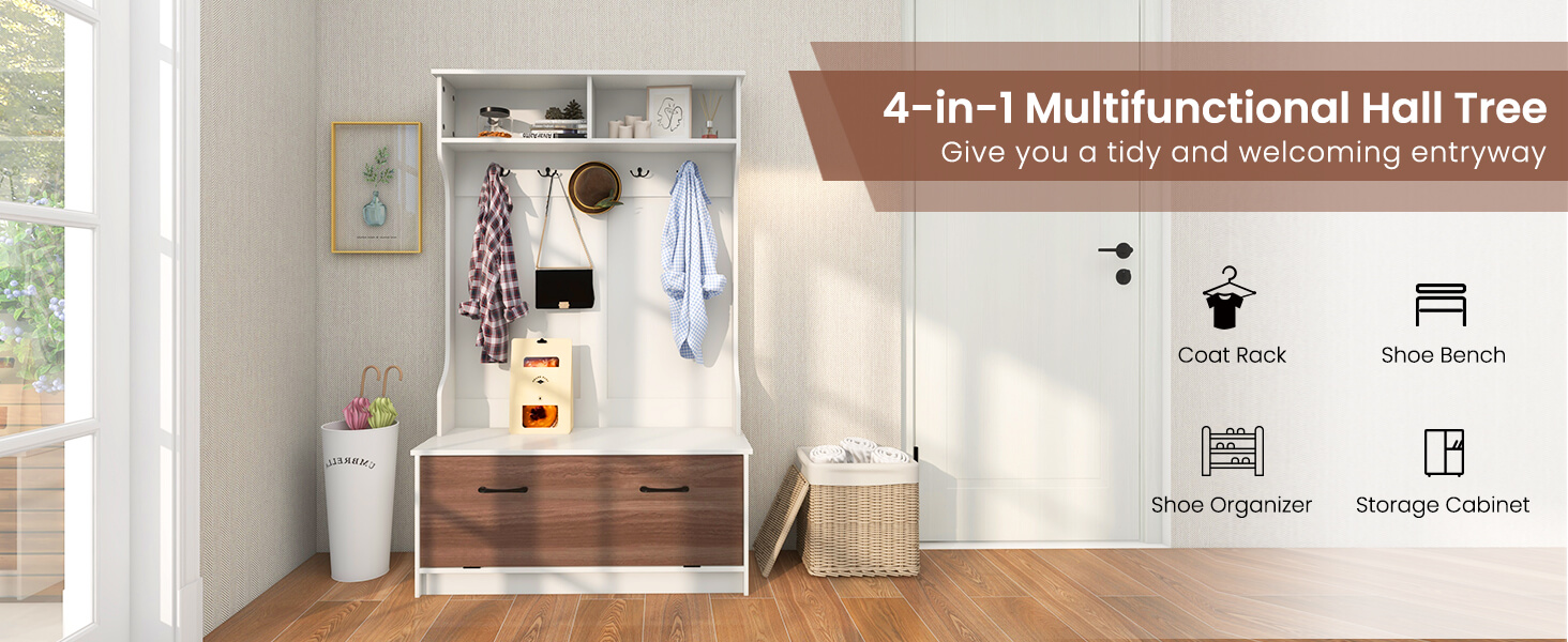3 in 1 Coat Rack with Entryway Bench and Hooks and Enclosed Cabinet