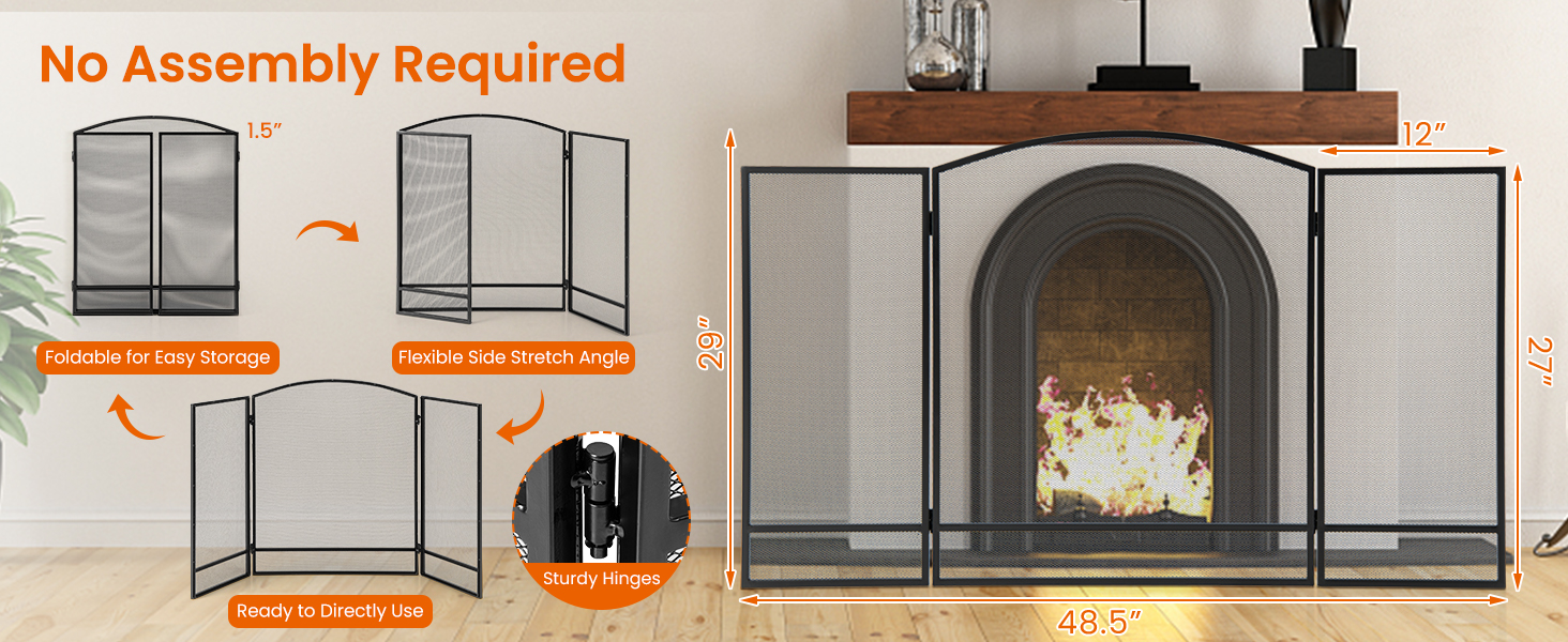 3-Panel Foldable Fireplace Screen with Wrought Metal Mesh