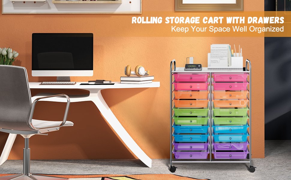 20 Plastic Drawers Multi-Color Storage Rolling Cart Studio Organizer