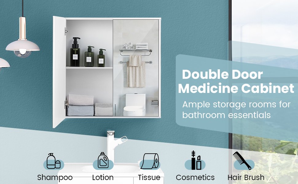 2-Door Wall-Mounted Bathroom Mirrored Medicine Cabinet - Costway