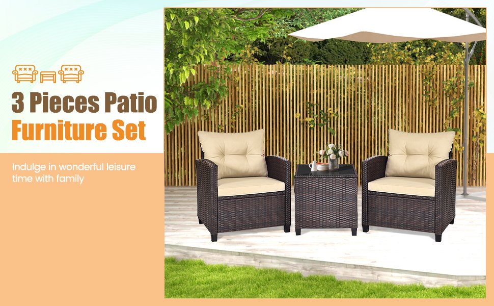 3 Pieces Rattan Patio Furniture Set with Washable Cushion - Costway