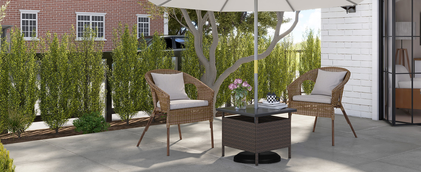 Patio Square Wicker Side Table with Umbrella Hole for Yard Garden Poolside