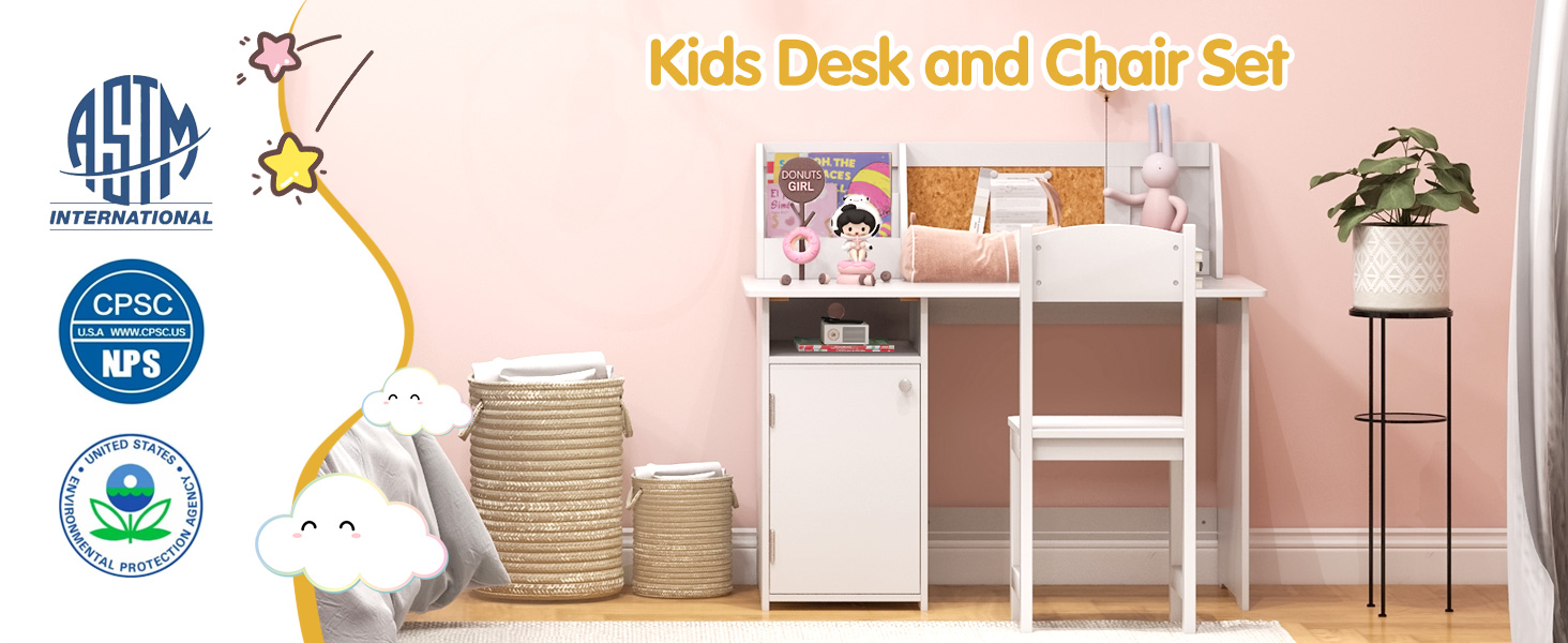 Kids Study Desk and Chair Set Wooden Learning Table with Bookshelf and  Cabinet