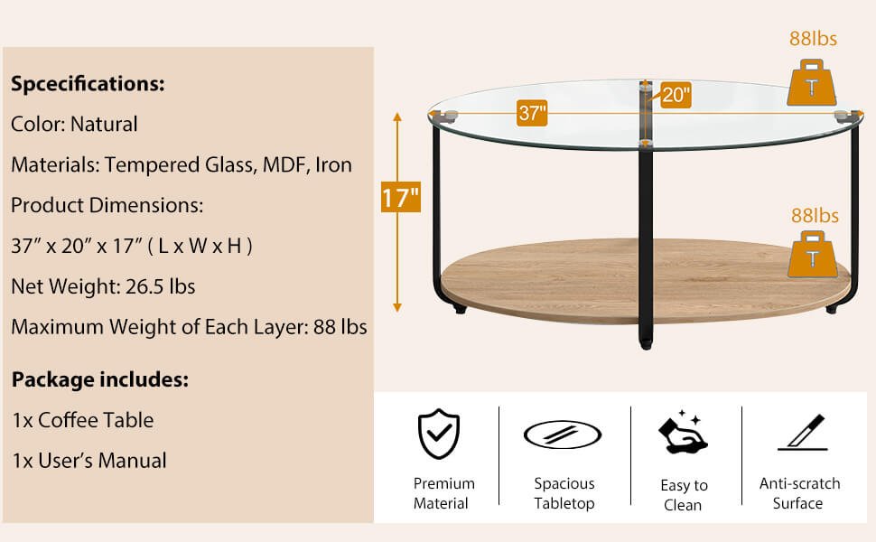 2-Tier Glass-Top Oval Coffee Table with Wooden Shelf for Living