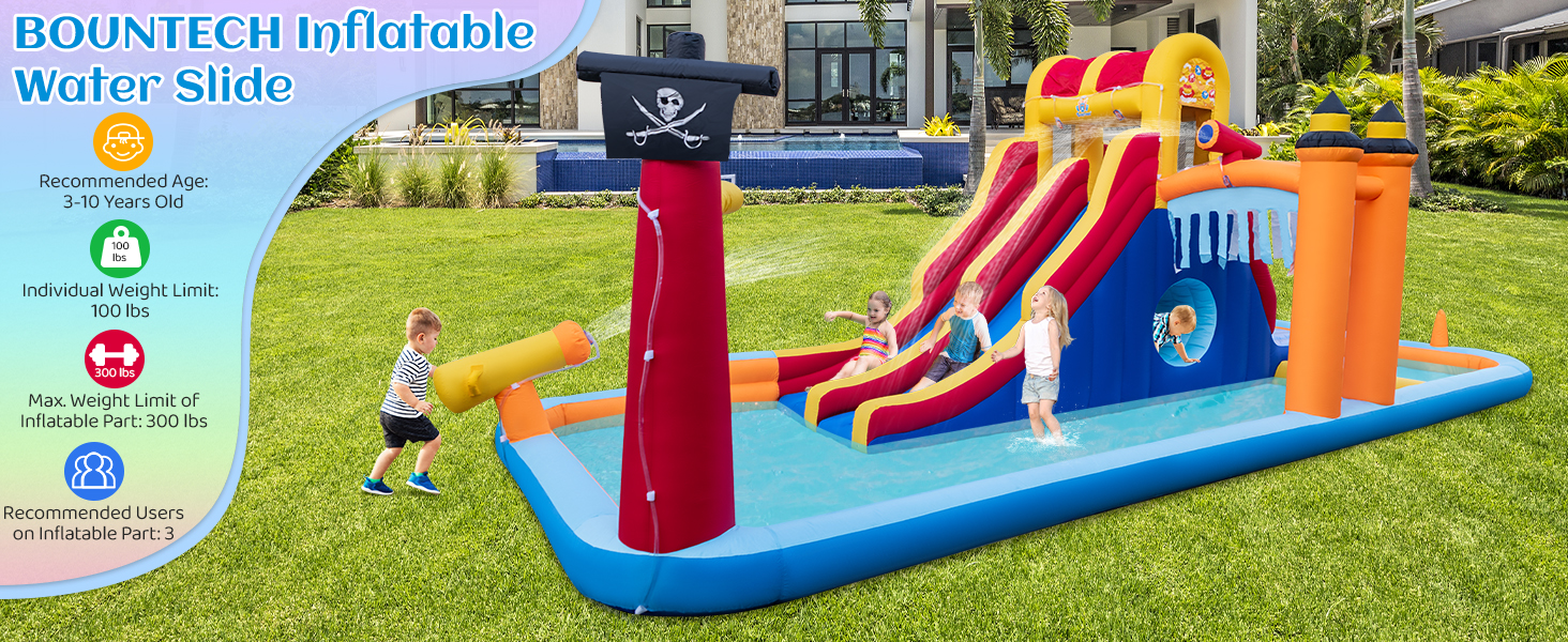 6-In-1 Inflatable Water Slide with Dual Slides and Cave Crawling Game without Blower