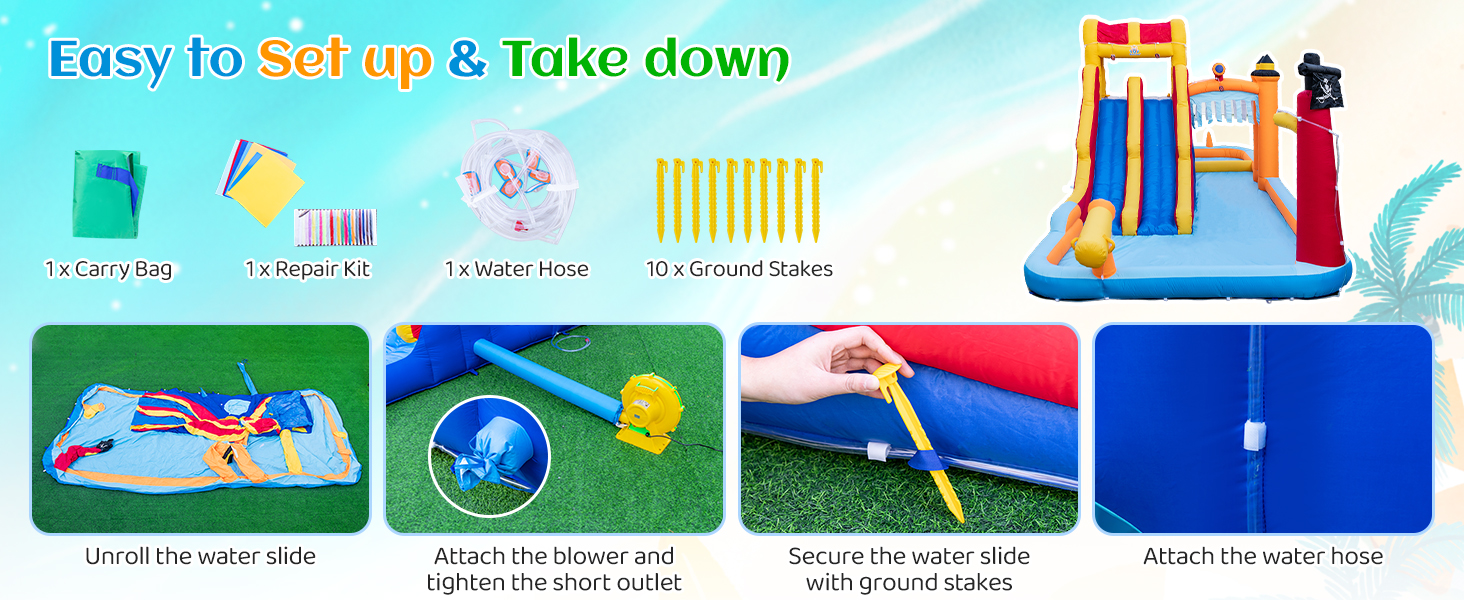 6-In-1 Inflatable Water Slide with Dual Slides and Cave Crawling Game without Blower