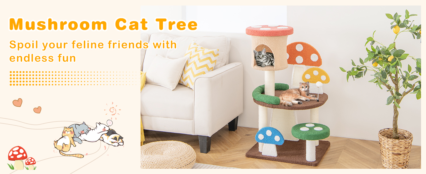 4-In-1 Mushroom Cat Tree with Condo Spring Ball and Sisal Posts