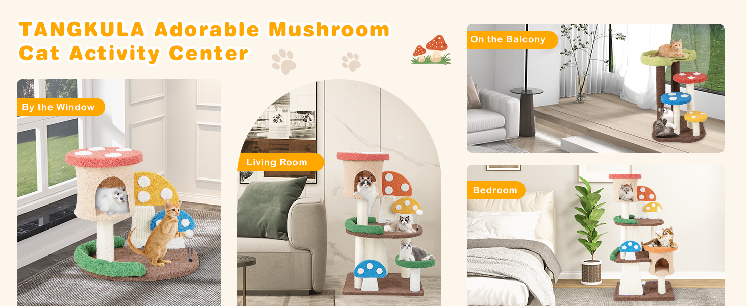 4-In-1 Mushroom Cat Tree with Condo Spring Ball and Sisal Posts