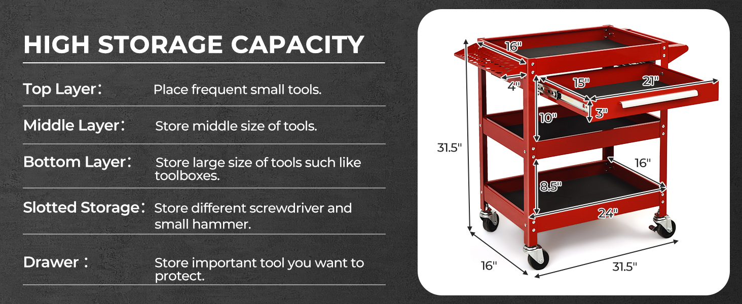3-Tray Tool Cart with Drawer and 4 Universal Wheels