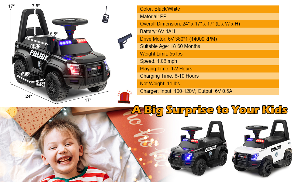 6V Kids Ride On Police Car with Real Megaphone and Siren Flashing Lights -  Costway
