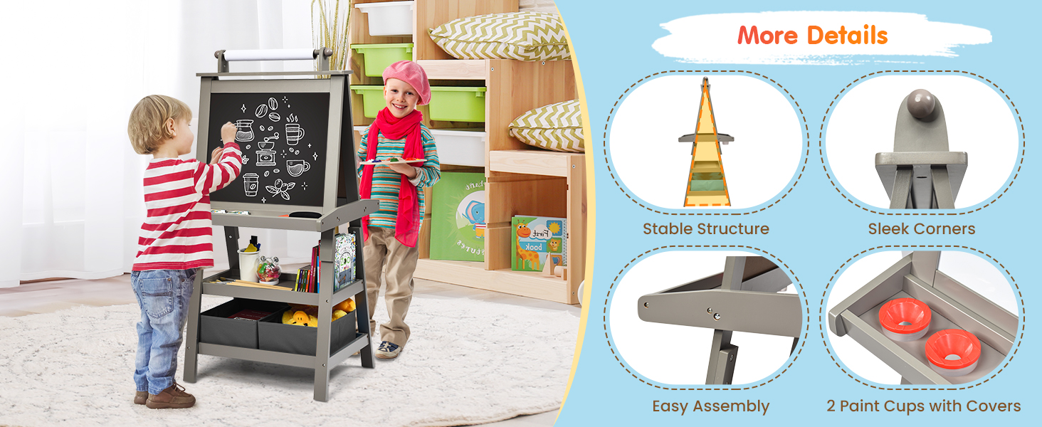 Costway 3 in 1 Double-Sided Storage Art Easel-Gray